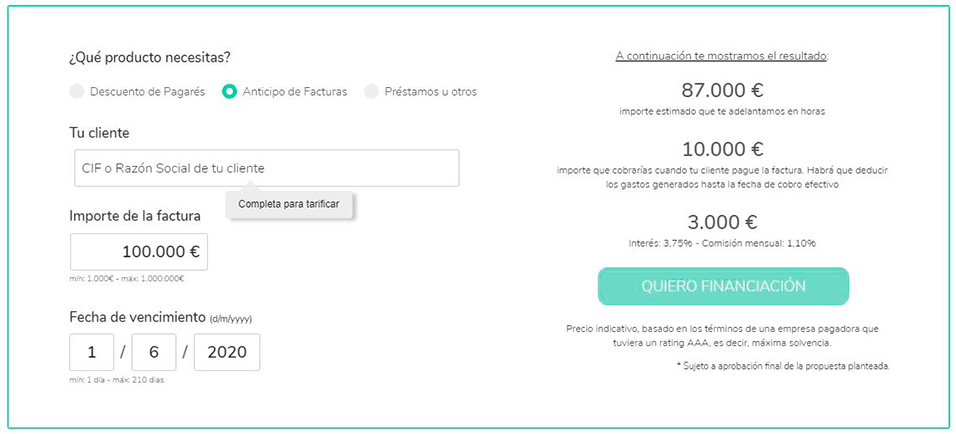 Pantallazo del paso 1 del simulador de facturas